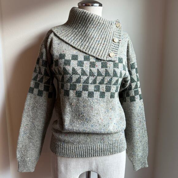 Vintage Gap Wool Blend Sweater Small Fair Isle Checkered Shawl Collar - Picture 2 of 8
